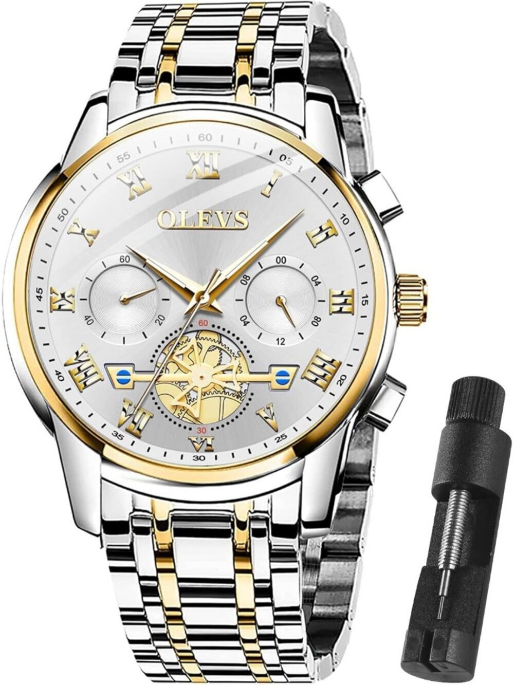 Olevs Men's Gold And White Multifunction Waterproof Luminous Chronograph Watch